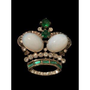 Trifari Alfred Philippe Silver Royal Crown Brooch with Cabochon, Moonstone 1940s